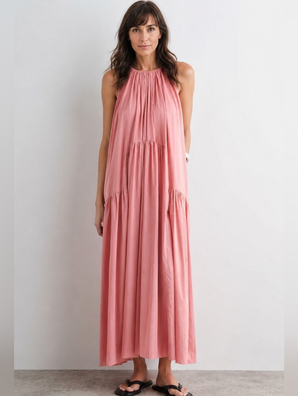 New Pink Gatherd Halterneck Tiered Long Maxi Dress Size 8 Costal Sleeveless Boho - Picture 2 of 10